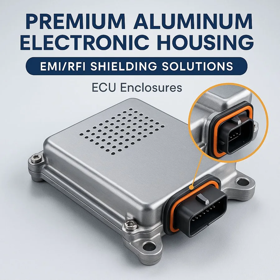 Aluminum electronic housing — Familia de componentes ilustrativa. La pieza se fabrica según el plano acordado.