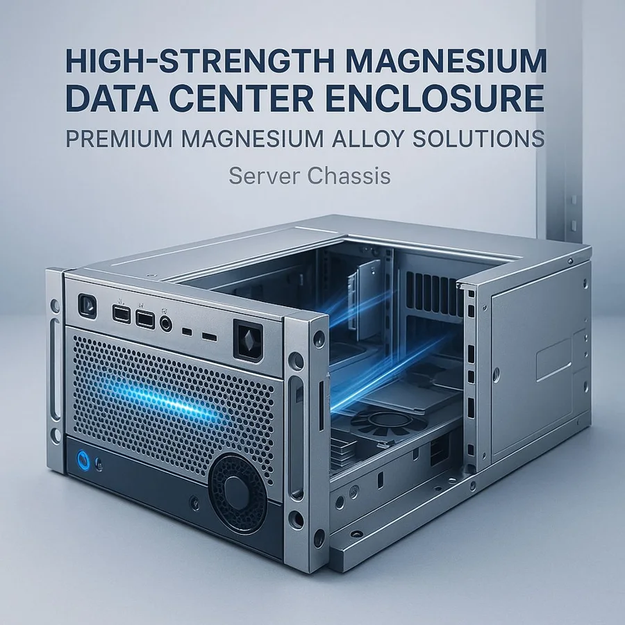 Magnesium data center enclosure — Familia de componentes ilustrativa. La pieza se fabrica según el plano acordado.