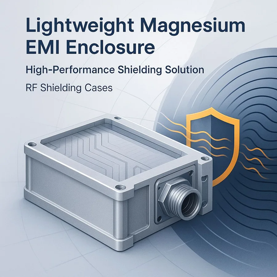 Magnesium EMI enclosure — Familia de componentes ilustrativa. La pieza se fabrica según el plano acordado.