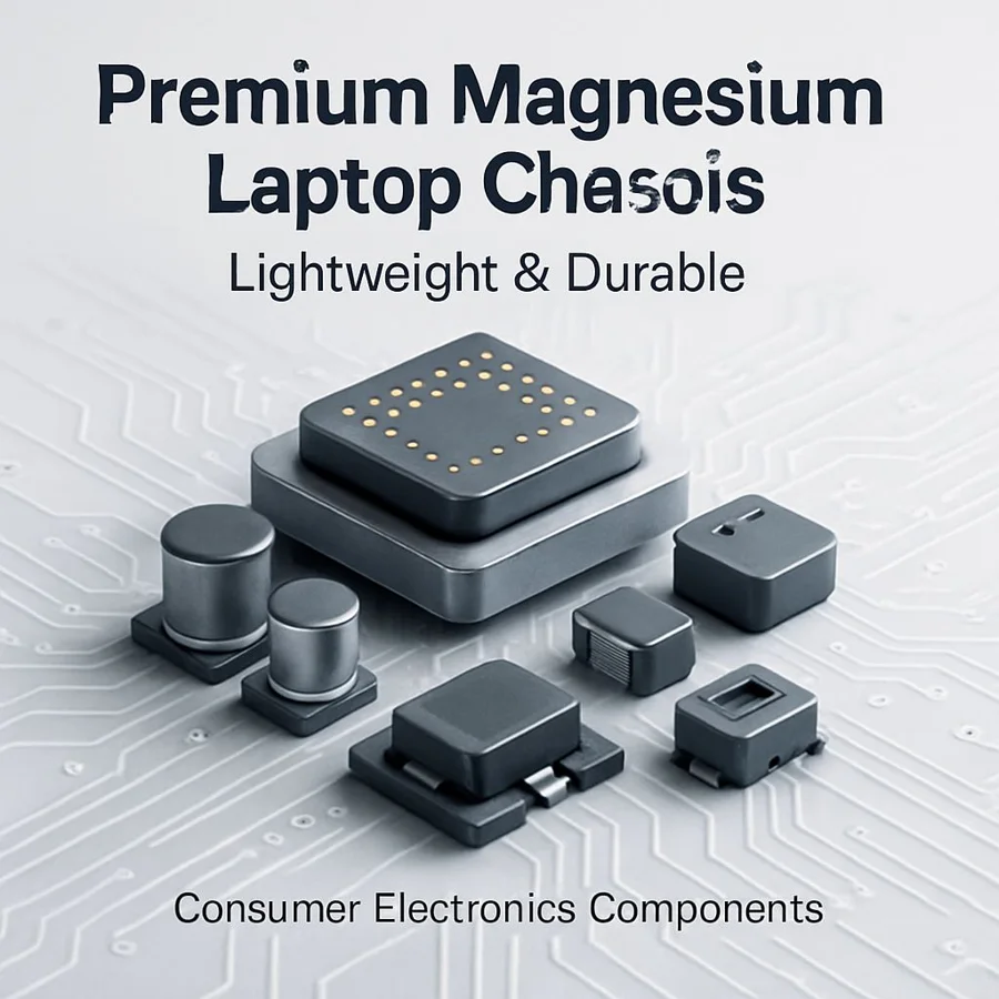 Magnesium laptop chassis — Familia de componentes ilustrativa. La pieza se fabrica según el plano acordado.
