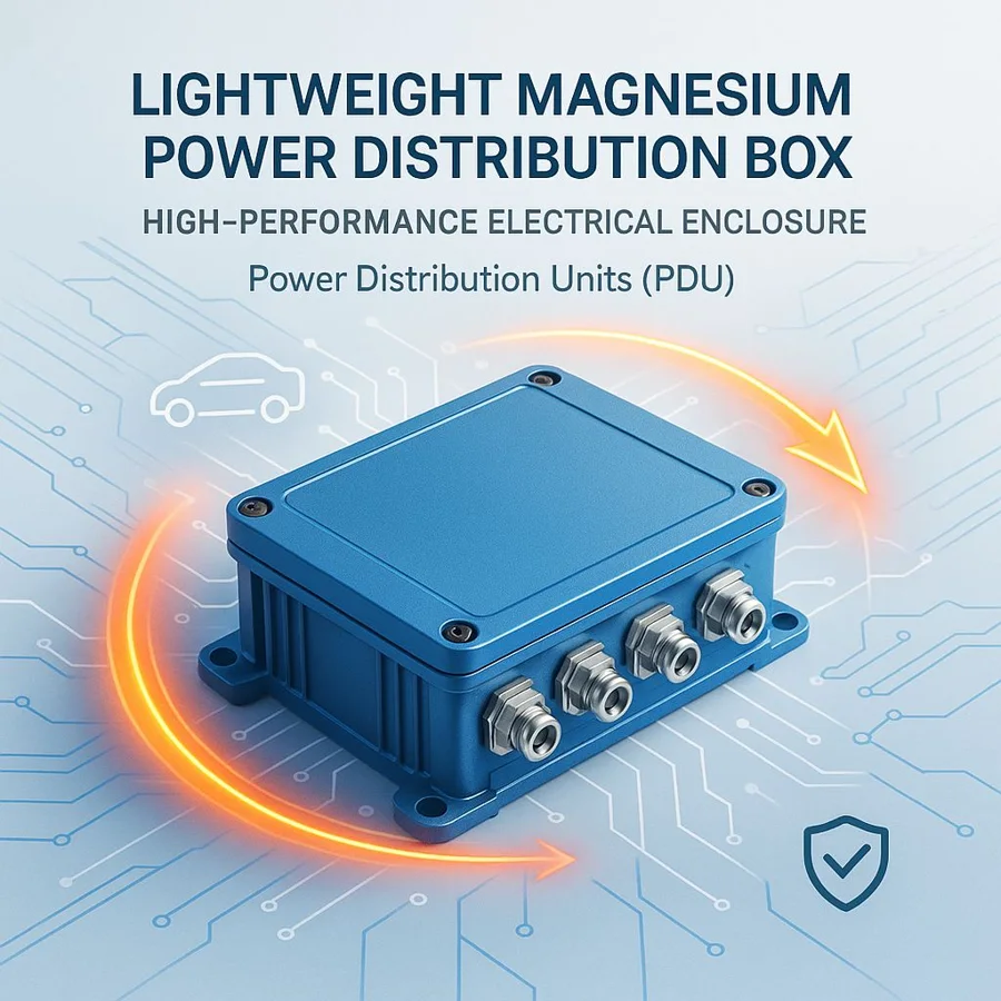Magnesium power distribution box — Familia de componentes ilustrativa. La pieza se fabrica según el plano acordado.