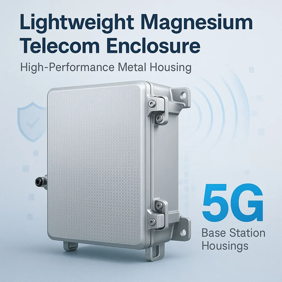 Magnesium telecom enclosure — Familia de componentes ilustrativa. La pieza se fabrica según el plano acordado.